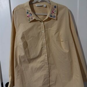 Lemon Yellow & White StripedButton Down Shirt w/ Floral Acrylic Embellishments